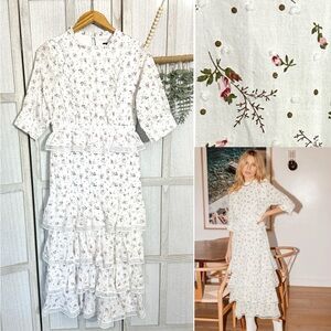 Lulus Bouquet for You White Floral Print Tiered Midi Dress Cottagecore Lace M
